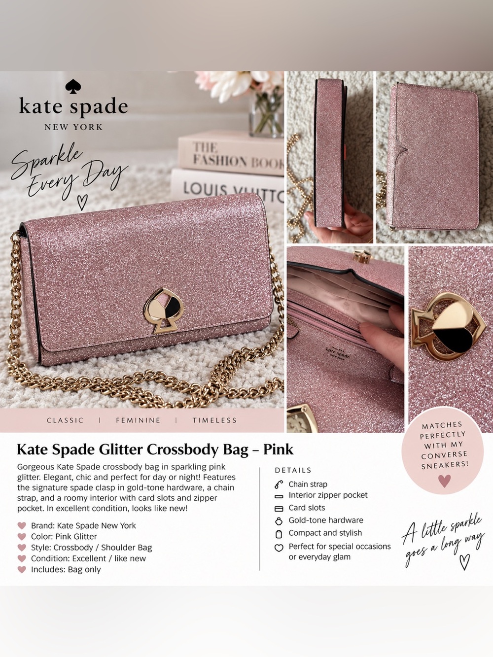 Kate Spade Pink Glitter Crossbody Bag Gold Chain ✨